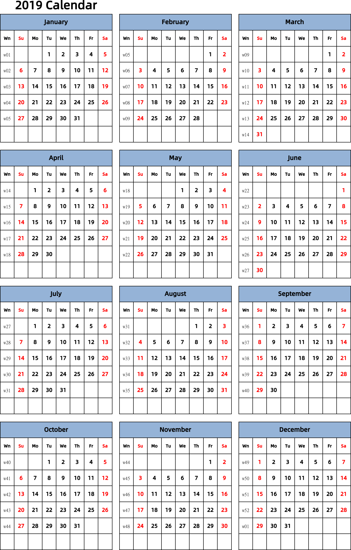 日历表2019年日历 英文版 纵向排版 周日开始 带周数